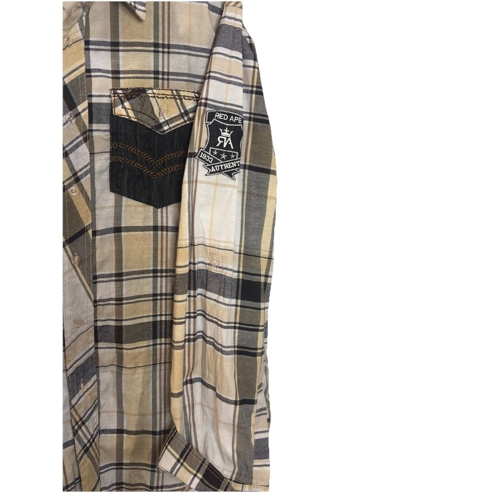 Red Ape Mens Tan Black Plaid Button Down Shirt Lion Crest Patch Size Large - Picture 12 of 16